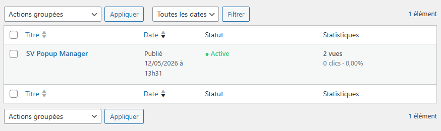 Liste des popups dans SV Popup Manager